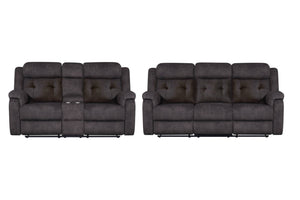 Sofás y loveseat reclinables tapizados en gris oscuro, mostrados uno al lado del otro sobre un fondo blanco liso.