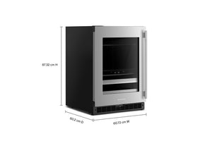 Una nevera empotrada bajo mostrador con marco de acero inoxidable y puerta de vidrio negro, mostrado con líneas de dimensión que indican 87,32 cm de altura, 60.
