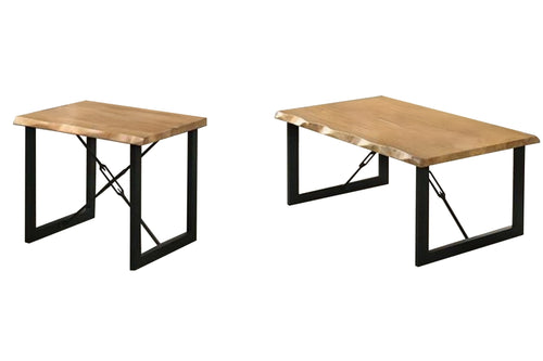 Una mesa de esquina y una mesa de centro rectangulares con tableros de madera natural clara y patas de metal negro, mostradas sobre un fondo blanco liso.