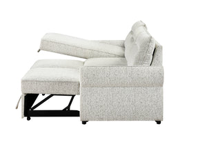 Vista lateral de sofá chaise blanco con almacenamiento abierto sobre un fondo blanco. 