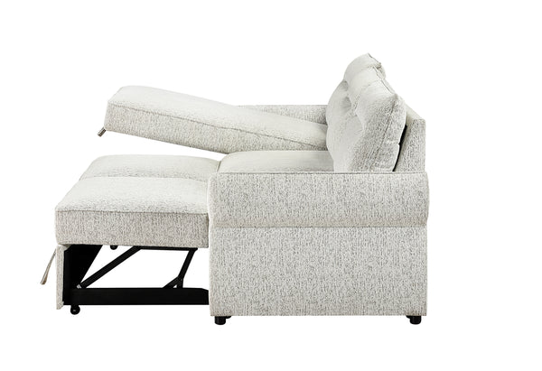 Vista lateral de sofá chaise blanco con almacenamiento abierto sobre un fondo blanco. 