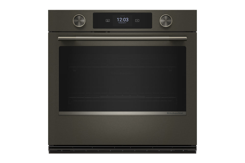 Horno empotrado con acabado metálico en color gris oscuro, pantalla digital y dos mandos de control en el panel superior, sobre un fondo blanco liso.