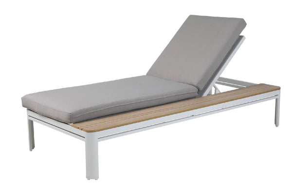 Chaise lounge with gray cushion and wooden seat on a white background