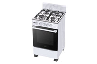 Estufa de gas blanca con cuatro quemadores sobre fondo blanco.