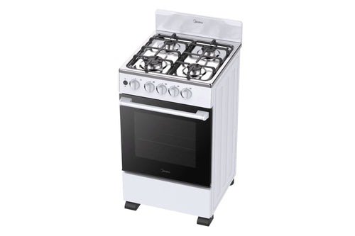 Estufa de gas blanca con cuatro quemadores sobre fondo blanco.