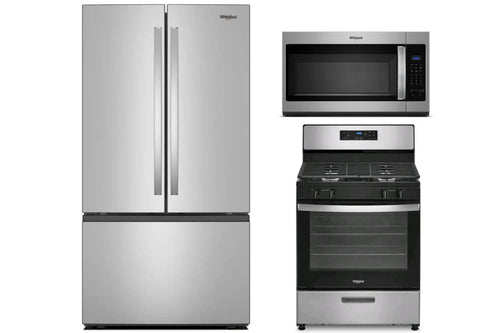 Juego de cocina en acero inoxidable con refrigerador French door de tres puertas, microondas y estufa a gas con horno. Diseño moderno y acabado resistente a huellas, ideal para cocinas contemporáneas.