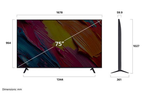 Televisor de 75 pulgadas con dimensiones etiquetadas sobre un fondo blanco. 