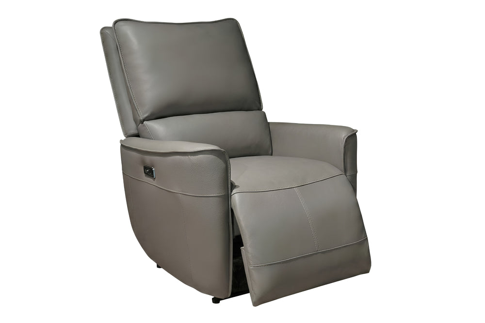 Butaca reclinable individual tapizado en material sintético color gris, con respaldo alto acolchado, apoyabrazos anchos y reposapiés extendido. Incluye un control lateral integrado en uno de los lados del asiento. Diseño cómodo y moderno, presentado sobre fondo blanco.