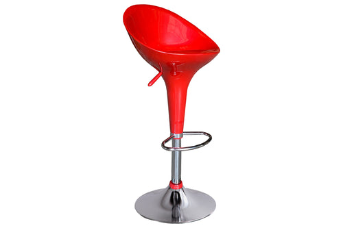 Taburete sin brazos con reposapiés, de color rojo, y con base metálico ajustable en un fondo blanco. 