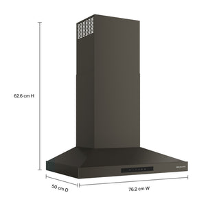 Campana extractora negra con dimensiones indicadas sobre un fondo blanco.