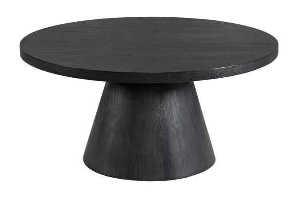 Mesa de centro redonda de color negro con base gruesa sobre un fondo blanco. 