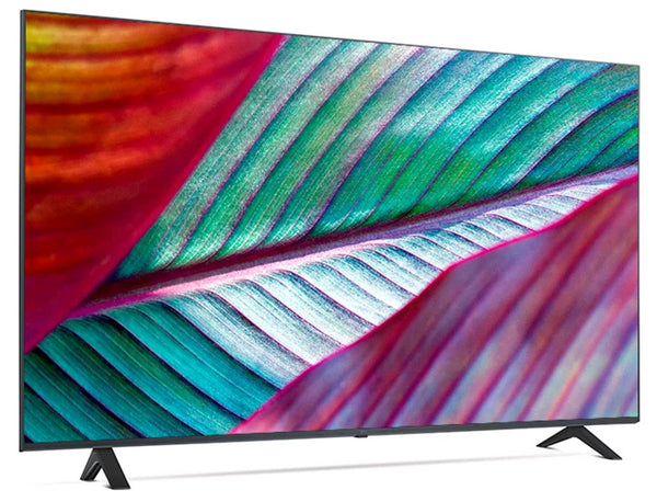 Televisor inteligente que muestra un diseño abstracto colorido sobre un fondo blanco. 