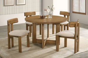 Juego de comedor de madera de 5 piezas que incluye una mesa redonda y cuatro sillas a juego con asientos tapizados en color beige claro, presentado en un ambiente de comedor moderno y luminoso.