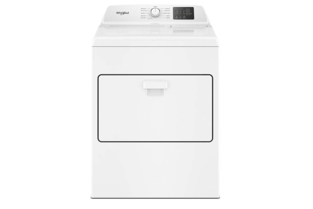 Secadora Gas Whirlpool en color blanco con puerta frontal de apertura vertical, panel de control digital y perilla central de selección de ciclos, presentada sobre fondo blanco.
