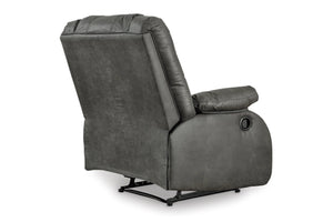 Vista posterior de butaca reclinable de gris sobre un fondo blanco. 