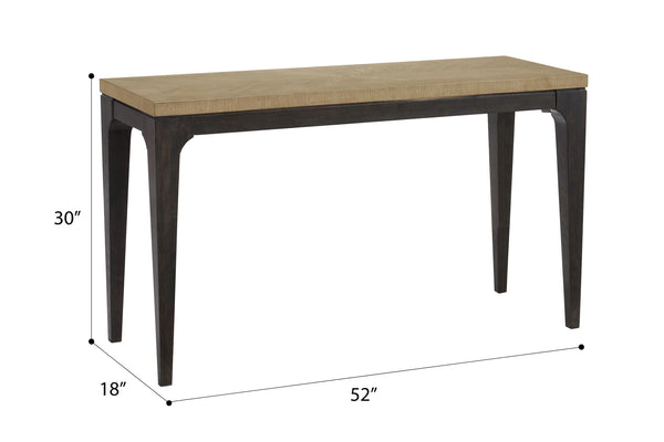 Mesa de consola rectangular con tope de madera marrón con base negra y con dimensiones marcadas en negro sobre un fondo blanco. 