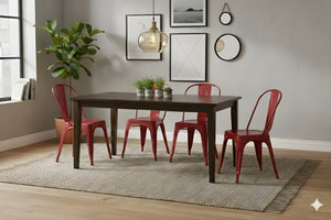 Mesa rectangular de madera marrón oscuro con cuatro sillas rojas en un ambiente de sala. 