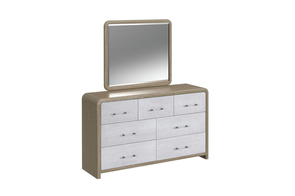 Gavetero moderno bicolor con estructura en tono madera clara y siete gavetas en gris claro con vetas visibles y tiradores metálicos horizontales. Incluye espejo rectangular con marco a juego, presentado de frente sobre fondo blanco.