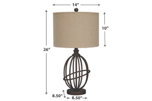 Lámpara de mesa con dimensiones sobre fondo blanco.