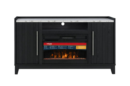 Vista frontal de mesa de entretenimiento negro con chimenea eléctrica integrada sobre fondo blanco.