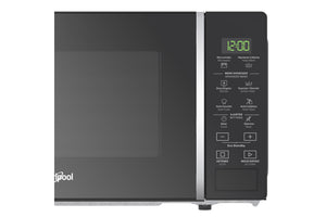 Un horno microondas de sobremesa Whirlpool de color negro con panel de control digital en el lado derecho, que presenta un detalle de tirador vertical plateado y una pantalla LED verde que muestra las 12:00.