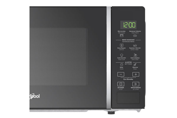Un horno microondas de sobremesa Whirlpool de color negro con panel de control digital en el lado derecho, que presenta un detalle de tirador vertical plateado y una pantalla LED verde que muestra las 12:00.