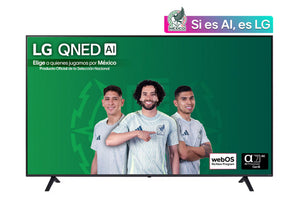 Televisor LG QNED AI que muestra imágenes de tres hombres y texto promocional.
