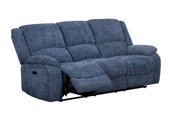 Sofá reclinable de tela color azul de lado sobre fondo blanco