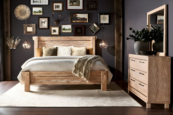 Conjunto de muebles de habitación de madera que incluye cama y gavetero con espejo en una habitación decoración.