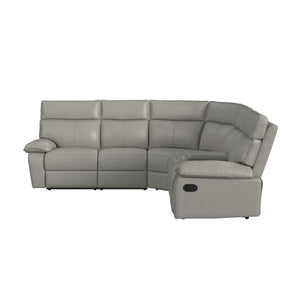 Sofá modular gris con asientos reclinables sobre fondo blanco.