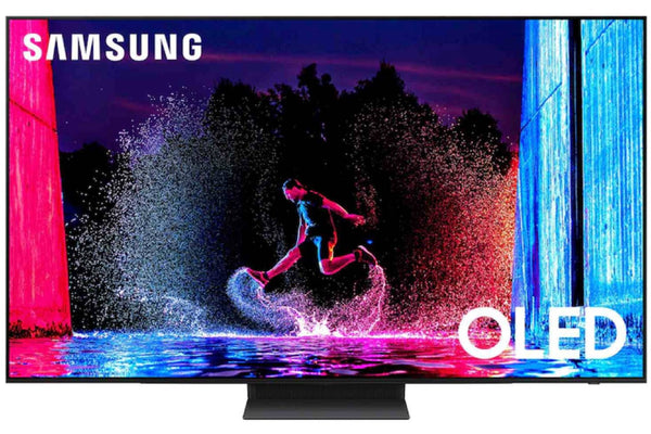 Televisor OLED de Samsung que muestra una escena colorida con agua y una persona, con el logotipo de Samsung.