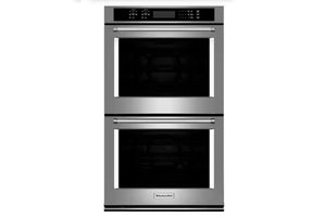 Horno doble empotrable KitchenAid en acero inoxidable con dos cavidades independientes, puertas de vidrio negro y controles digitales superiores. Diseñado para cocinar múltiples platos simultáneamente con precisión y eficiencia.