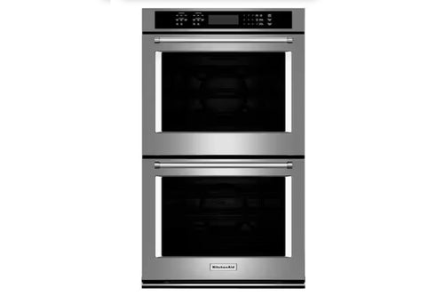 Horno doble empotrable KitchenAid en acero inoxidable con dos cavidades independientes, puertas de vidrio negro y controles digitales superiores. Diseñado para cocinar múltiples platos simultáneamente con precisión y eficiencia.