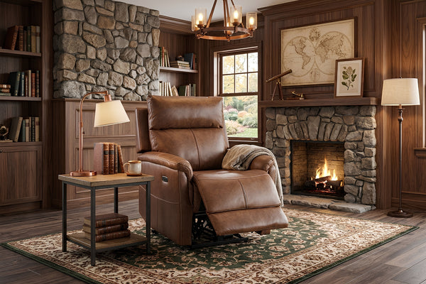 Sillón reclinable de cuero marrón con reposapiés extendido, ubicado en una sala de estilo rústico. Rodeado por chimenea de piedra, estanterías de madera, lámparas de lectura y mesa auxiliar con libros y taza decorativa.