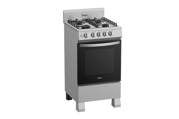 Horno de acero inoxidable de marca Midea sobre fondo blanco.