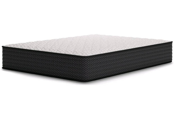 Mattress blanco con bordes negros sobre un fondo blanco. 