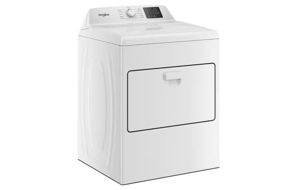 Secadora Gas Whirlpool en color blanco con puerta frontal de apertura vertical, panel de control digital y perilla central de selección de ciclos, presentada sobre fondo blanco.

