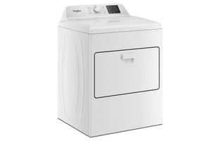 Secadora de Gas  Whirlpool de carga frontal en color blanco con panel de control superior digital, perilla central para selección de ciclos y diseño compacto mostrado en vista lateral frontal sobre fondo blanco.

