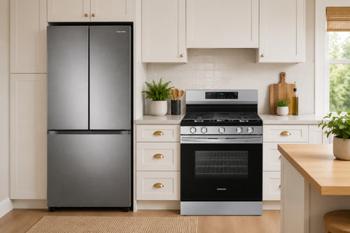 Una nevera de acero inoxidable con puertas francesas se sitúa a la izquierda de una cocina de gas y un horno a juego en una cocina luminosa y moderna con armarios blancos y detalles de madera.