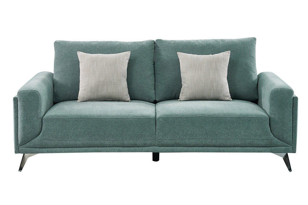 Sofá verde con dos cojines sobre fondo blanco.
