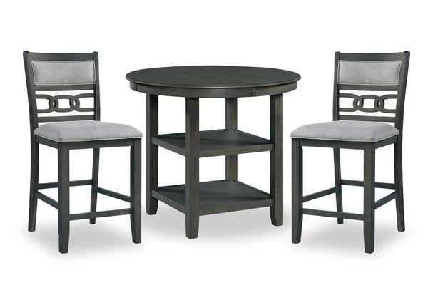 Mesa "counter height" con dos taburetes de color negro con acolchado gris en fondo blanco. 