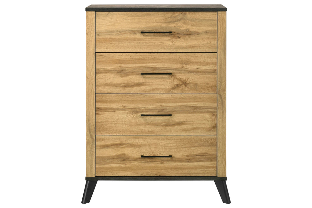 Chest de madera con detalles en negro, compuesta por cuatro gavetas sobre fondo blanco.