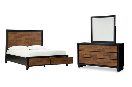 Conjunto de dormitorio de madera con cama y gavetero con espejo sobre fondo blanco.