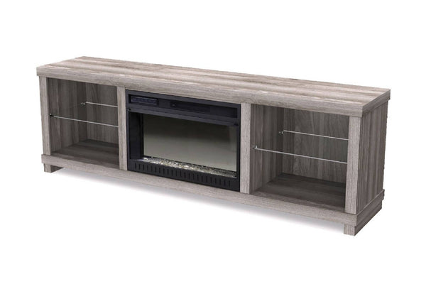 Consola de TV de madera con chimenea eléctrica sobre fondo blanco.