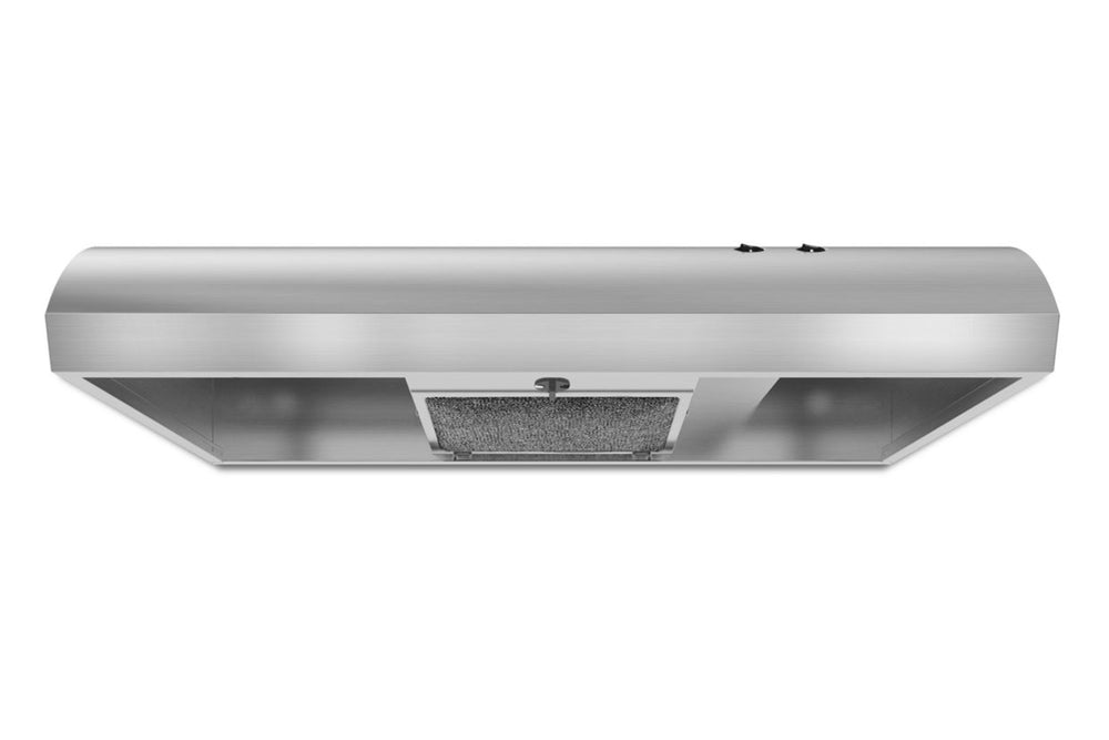 Extractor blanco de marca Whirlpool sobre un fondo blanco. 