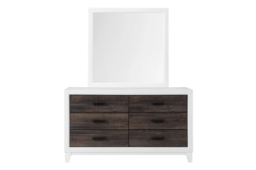 Gavetero de seis gavetas con acabado en madera marrón y marco blanco, acompañada de un espejo rectangular a juego. Diseño contemporáneo con tiradores oscuros y líneas limpias, ideal para dormitorios modernos.