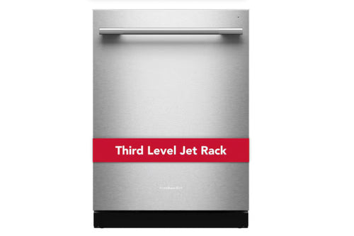 Un lavaplatos empotrable de acero inoxidable, visto de frente sobre un fondo blanco, con una pancarta roja en el centro que dice "Third Level Jet Rack" (Rejilla de chorro de tercer nivel).