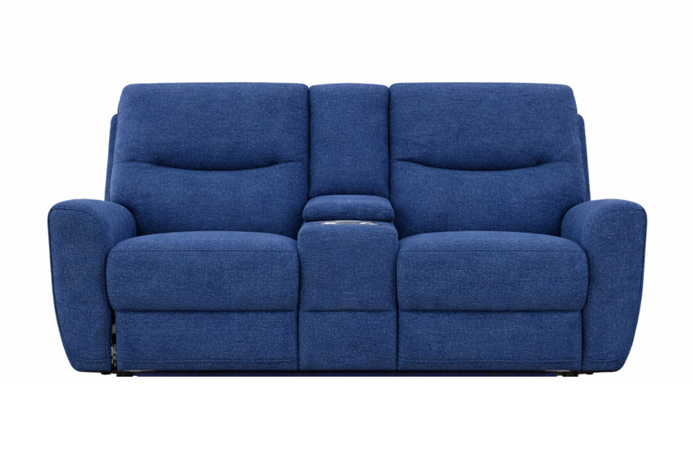 Loveseat con consola azul sobre fondo blanco.