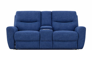Loveseat con consola azul sobre fondo blanco.