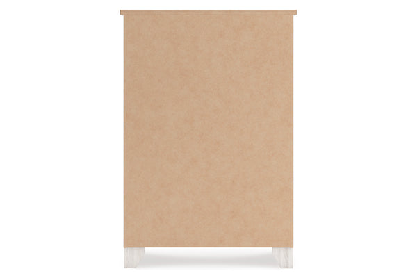 Un chest alto y minimalista de madera natural clara y patas blancas, presentado sobre un fondo blanco liso.